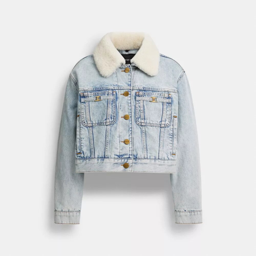 Kort Heritage C-denim-truckerjakke i økologisk bomuld med shearling-krave