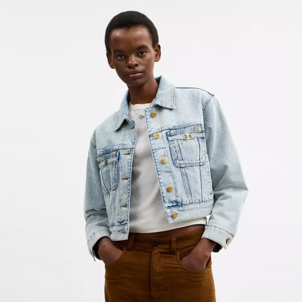 Kort Heritage C-denim-truckerjakke i økologisk bomuld med shearling-krave