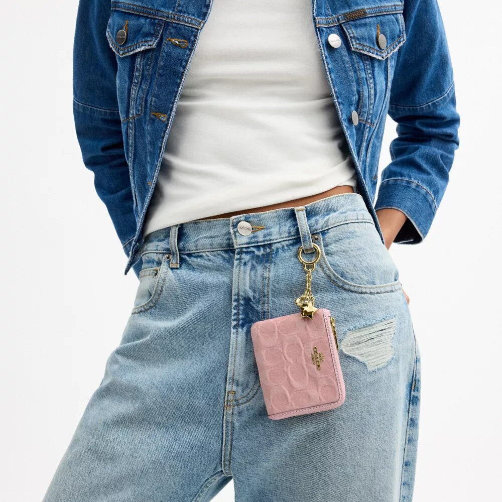 Lille hjørnepung med lynlås i Signature-denim med Vedhæng