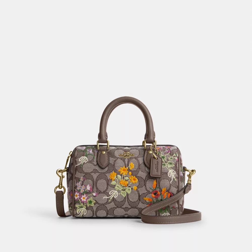 Mini Rowan crossbody-taske i signatur-jacquard med blomsterbroderi