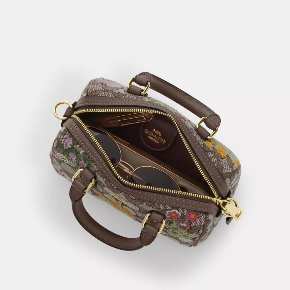 Mini Rowan crossbody-taske i signatur-jacquard med blomsterbroderi