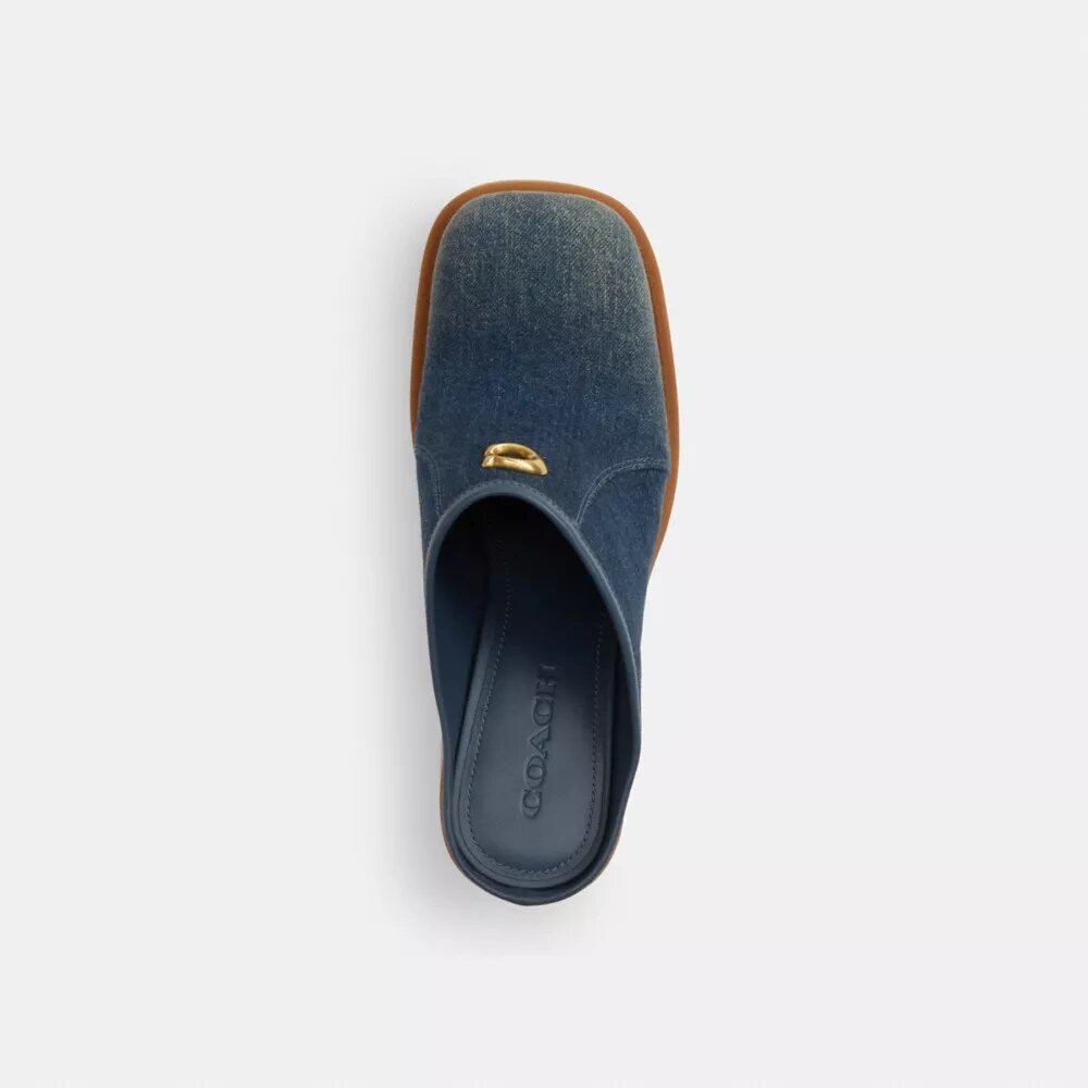 Mules med hæl og skulptureret C-logo i Loved Denim