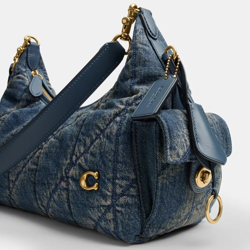 Pocket Juliet-taske 30 i regenerativ bomuldsdenim med quiltning