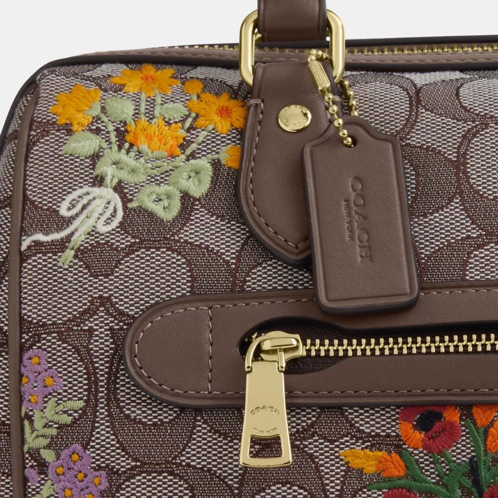 Rowan-skuldertaske i signatur-jacquard med blomsterbroderi