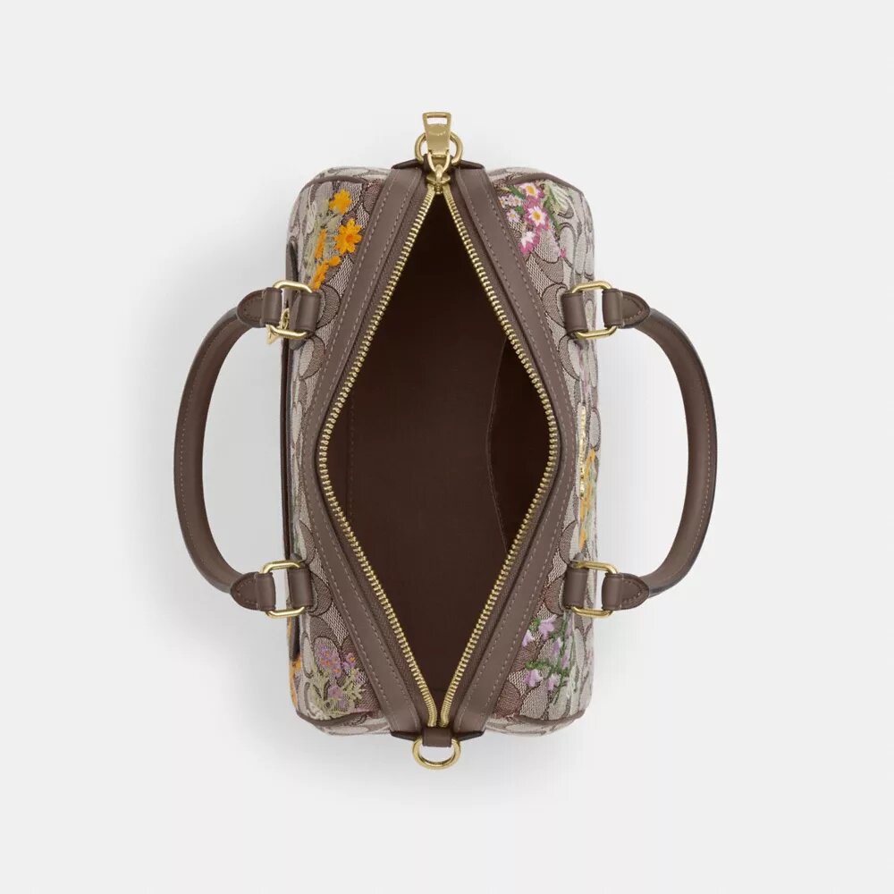 Rowan-skuldertaske i signatur-jacquard med blomsterbroderi